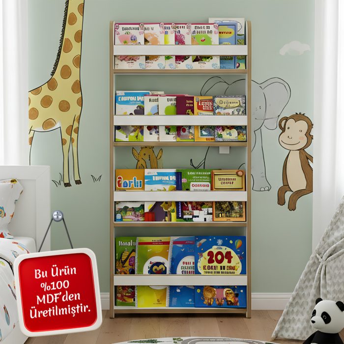 Montessori Çocuk Kitaplığı – 4 Raflı, MDF Malzeme, Yuvarlatılmış Kenarlar, Modern Tasarım