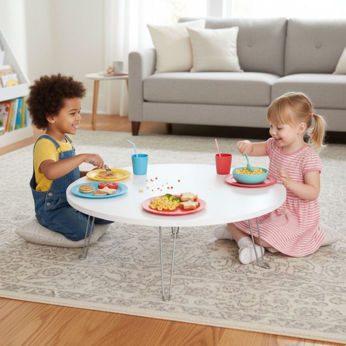 Ratemo Parlak Beyaz Katlanır Yer Sofrası – Çocuk Masası – Oyun Masası 50 cm Genişlik