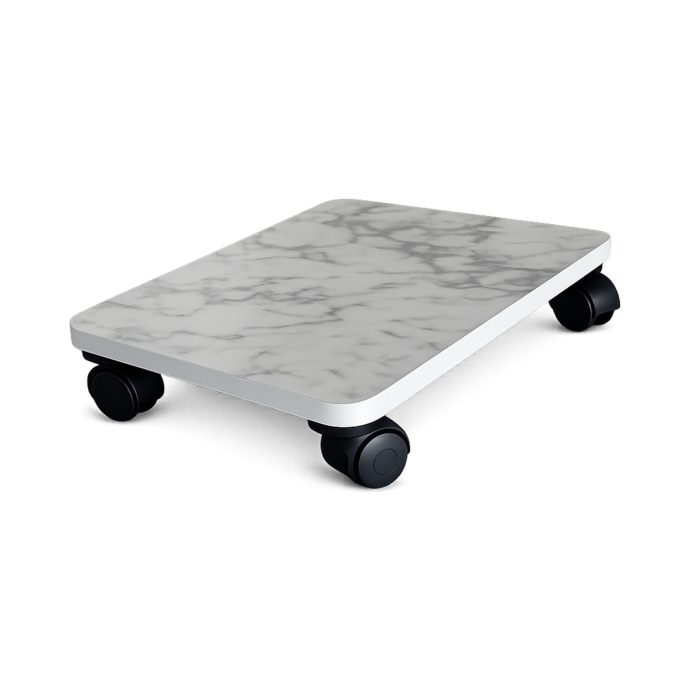 Ahşap beyaz mermer desenli tekerlekli saksı altlığı dikdörtgen saksılık