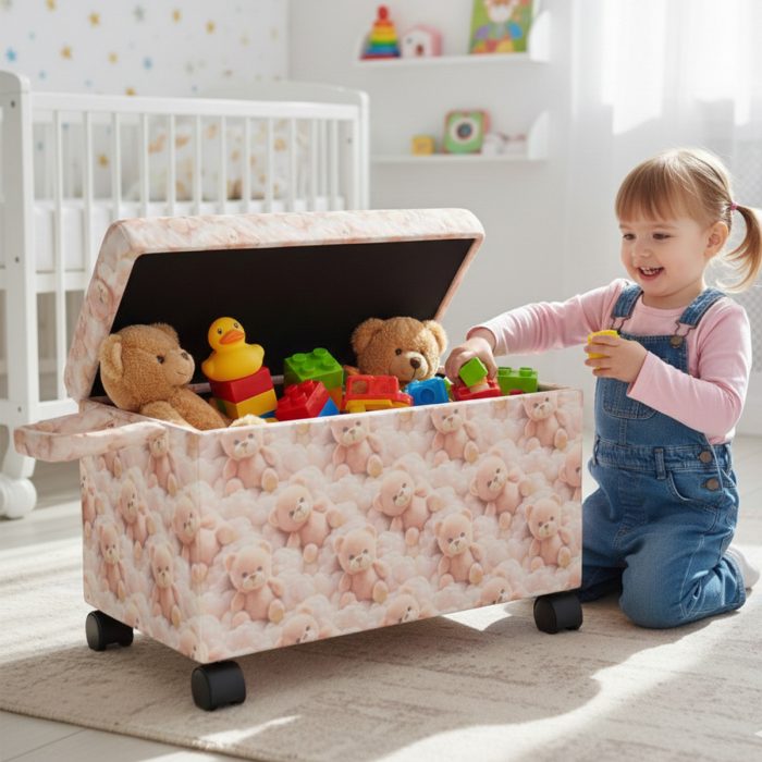Ayıcık Figürlü Tekerlekli Oyuncak Sandığı/Pufu – Kapaklı Çocuk Odası Saklama Kutusu – Çocuk Pufu