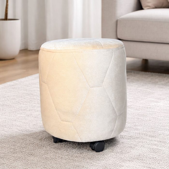 Krem Luna Kumaş Tekerlekli Puf Tabure – 5 Tekerlekli Makyaj Koltuğu – Sağlam Kasalı Oturak