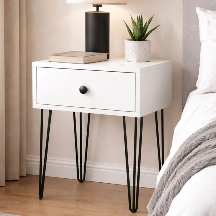 Modern Metal Ayaklı Suntalam Komodin (Beyaz / Sonoma Ceviz)