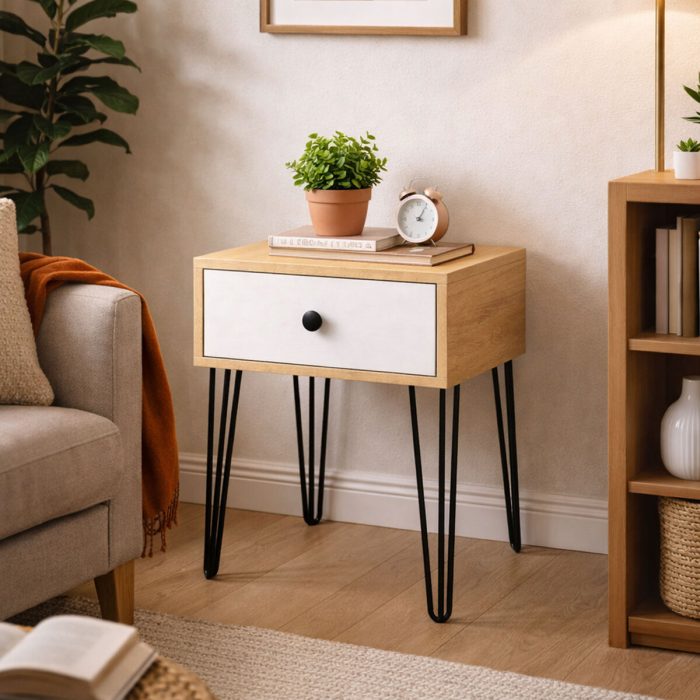 Modern Metal Ayaklı Suntalam Komodin (Beyaz / Sonoma Ceviz)