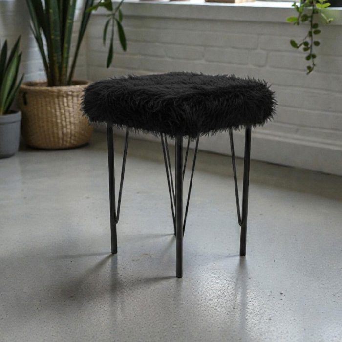 Kare Peluş Puf Tabure – Beyaz/Siyah – Metal Ayaklı – 35×35x50 cm – Makyaj Taburesi