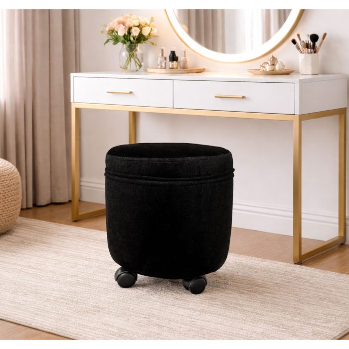 Tekerlekli Puf Tabure Siyah/Antrasit Gri – 35x40 cm-Çok Amaçlı Oturma Pufu, Çocuk Pufu, Ayakucu Puf