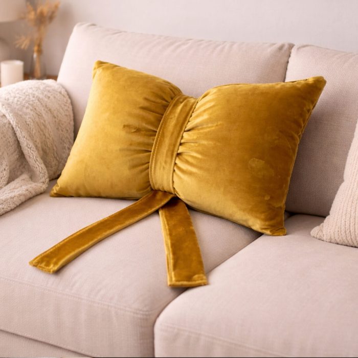 Fiyonk Kurdele Tasarımlı Dekoratif Kırlent Yastık, 1. Sınıf Döşemelik Kumaş, Dolgulu Hediye Minder