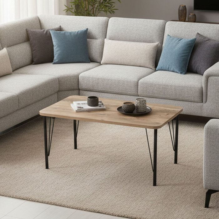 Modern Orta Sehpa 90x45x45 cm Desenli Suntalam Metal Ayaklı Salon Sehpası