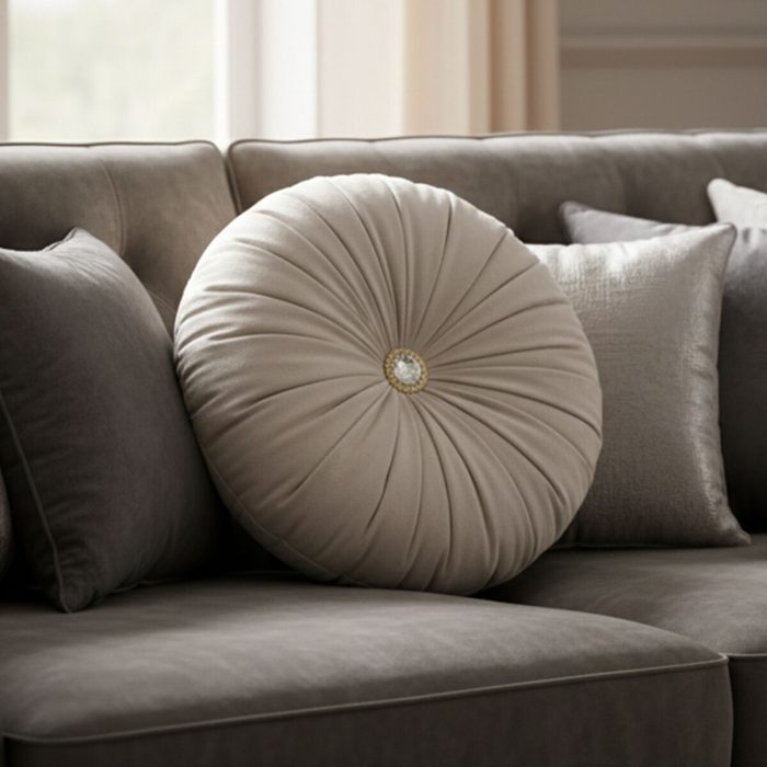 Lux Kadife Yuvarlak Taşlı Yastık – Gri Renk