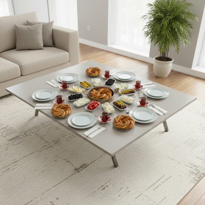 Ratemo Katlanır Metal Ayaklı Yer Sofrası 89X119 cm – Modern Dikdörtgen Çok Amaçlı Masa – Beyaz