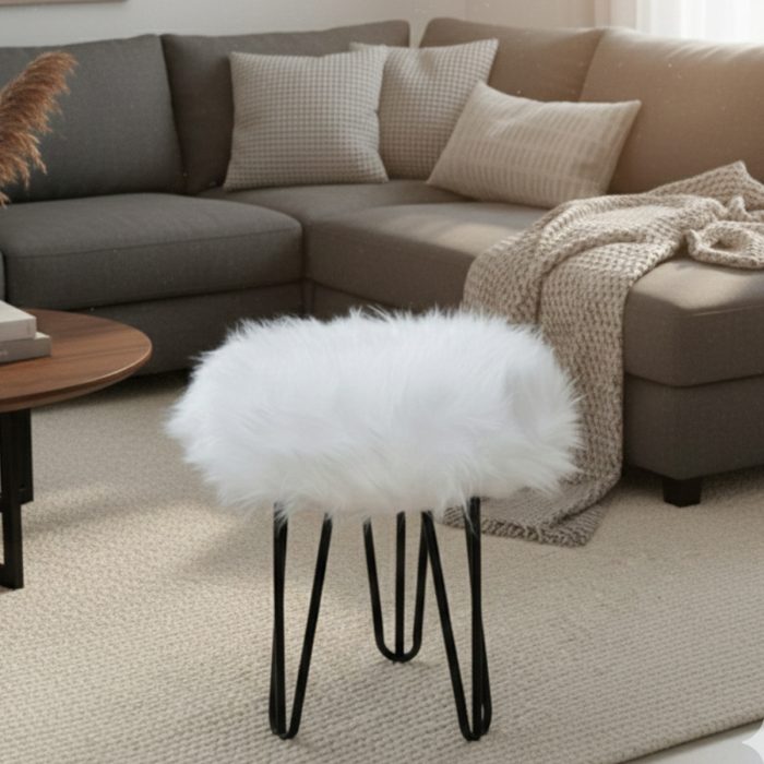 Beyaz Peluş Puf Tabure, Metal Ayaklı Yumuşak Oturma Pufu (38x37 cm) - Yatak Odası, Salon Pufu