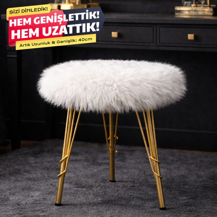 Beyaz Peluş Puf Tabure, Metal Ayaklı Yumuşak Oturma Pufu (40x40 cm) Yatak Odası, Salon Pufu (Yeni!)
