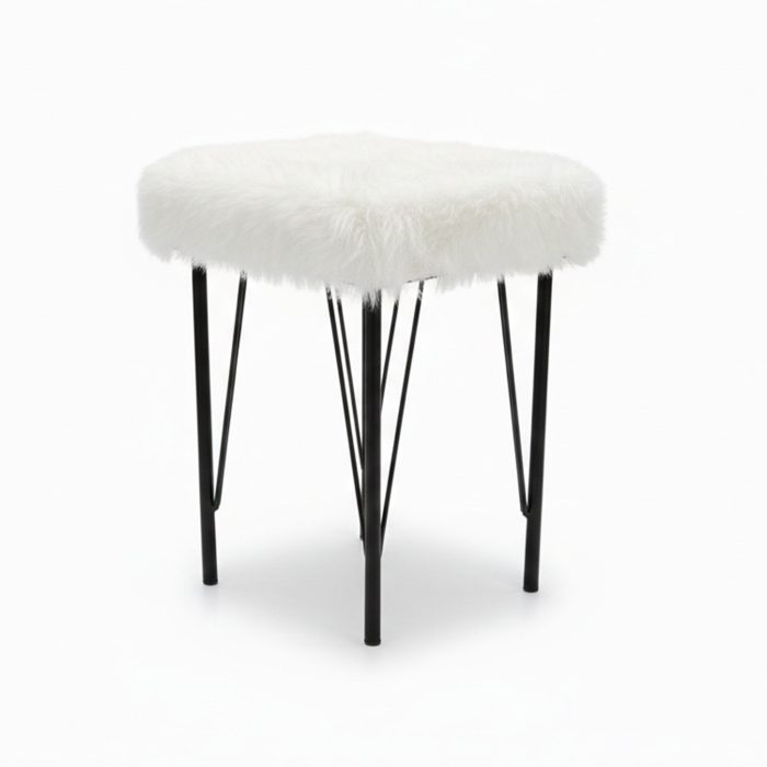 Kare Peluş Puf Tabure – Beyaz/Siyah – Metal Ayaklı – 35×35x50 cm – Makyaj Taburesi
